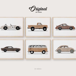 Set of 6 Boho Vintage Vehicle Prints, Boys Room Decor, Vintage Vehicles, Original Retro Car Art, Transportation Watercolor Themed