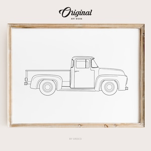 Minimalist Line Art Vintage Truck Print, Boys Room Decor, Vintage Vehicle Collection, Original Retro Car Art, Transportation Line Art Themed