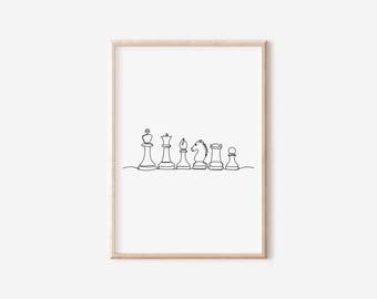 Minimalist Chess Line Art, Chess Lover Wall Decor, Chess Art Print, Gift for Chess Players, Home Office Decor, Minimalist Board Game Art
