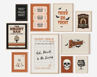 May include: A gallery wall set of ten framed prints featuring Halloween-themed illustrations and text. Designs include a guest check with 'Eat, Drink & Be Scary', 'Fright Night' tickets, a skull, a ghost, bats, and 'Trick or Treat' typography.