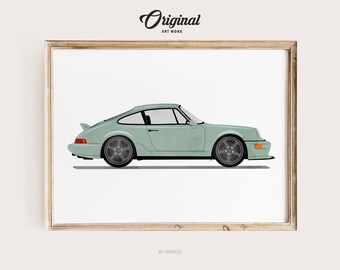 Sage Green Vintage Sports Car Print, Boys Room Decor, Vintage Vehicle Collection, Original Retro Car Art, Transportation Watercolor Themed