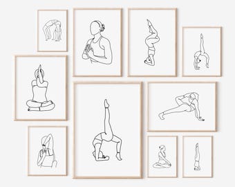 10 obras de arte minimalistas con posturas de yoga, decoración de pared de yoga, impresiones artísticas de atención plena, obras de arte de yoga modernas, decoración de bienestar, regalo de yoga, arte minimalista