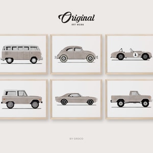 Set of 6 Taupe/Beige Vintage Vehicle Prints, Boys Room Decor, Vintage Vehicles, Original Retro Cars, Transportation Watercolor Themed