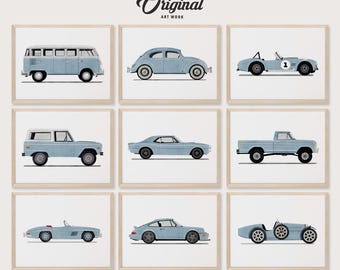 Set of 9 Baby Blue Vintage Vehicle Prints, Boys Room Decor, Vintage Vehicles, Original Retro Car Art, Transportation Watercolor Themed