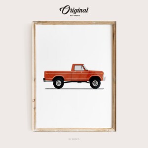 Red Vintage Truck Print, Boys Room Decor, Vintage Vehicle Collection, Original Retro Car Art, Transportation Watercolor Themed Art