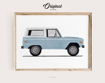 Baby Blue Vintage Truck Print, Boys Room Decor, Vintage Vehicle Collection, Original Retro Car Art, Transportation Watercolor Themed Art