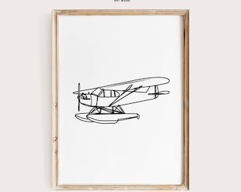 Arte lineal minimalista de hidroaviones, arte mural de aviación, decoración de hidroaviones, impresión artística de aviones, regalo de piloto, decoración de oficina en casa, arte de aviación minimalista