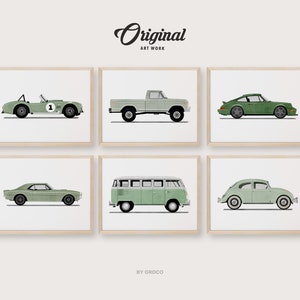 Conjunto de 6 impresiones de vehículos vintage verdes, decoración de habitaciones para niños, vehículos antiguos, arte de automóviles retro original, temática de acuarela de transporte