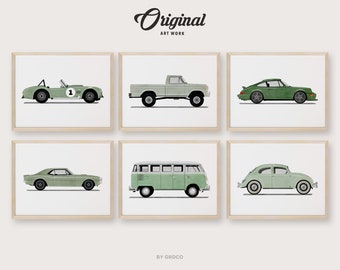 Set of 6 Green Vintage Vehicle Prints, Boys Room Decor, Vintage Vehicles, Original Retro Car Art, Transportation Watercolor Themed