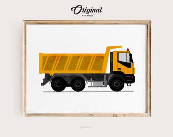 Dump Truck Print, Boys Room Decor, Printable farm vehicle art, Original Car Art, Transportation Watercolor Themed Art, Car Wall Art