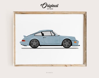 Baby Blue Vintage Sports Car Print, Boys Room Decor, Vintage Vehicle Collection, Original Retro Car Art, Transportation Watercolor Themed