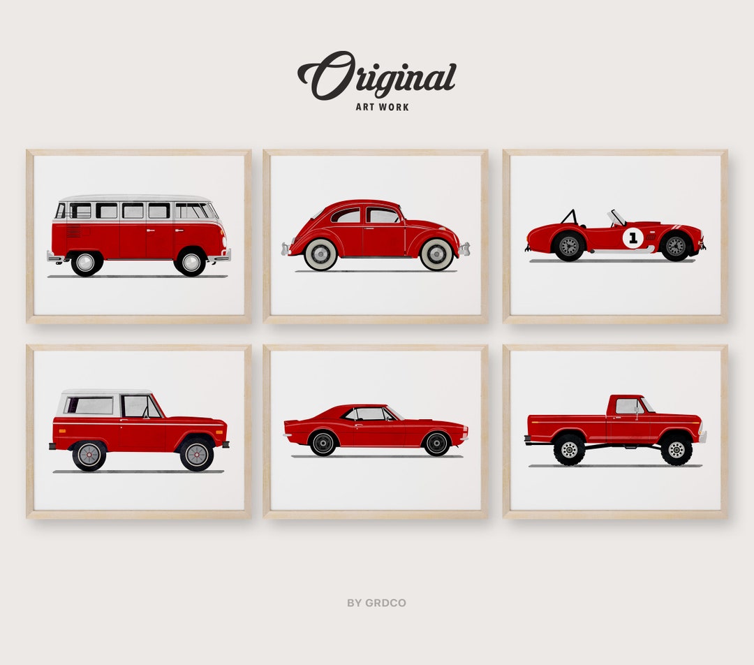 Cars Collection Print Set of 6 Red Vintage Vehicle Prints, Boys Room Decor, Vintage Vehicles ...