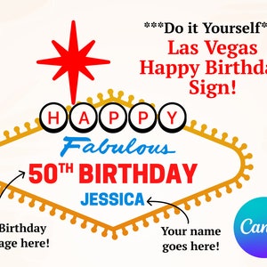 Bricolage, panneau d'anniversaire de Las Vegas à faire soi-même, Las Vegas Canva, fabriqué avec Canva 30e anniversaire, 40e anniversaire, 50e anniversaire, modèle de toile