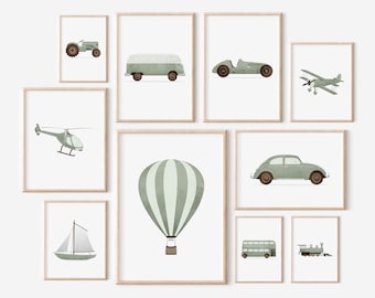 Sage Green Vintage Transportation Prints, Boys Room Decor, Vintage Nursery Wall Art, Original Retro Car Art, Transportation Nursery Decor