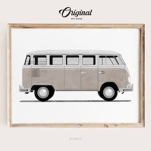 Taupe Beige Vintage Van Print, Boys Room Decor, Vintage Vehicle Collection, Original Retro Car Art, Transportation Watercolor Themed Art