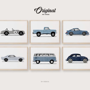 Conjunto de 6 impresiones de vehículos vintage azules, decoración de habitaciones para niños, vehículos antiguos, arte de automóviles retro original, temática de acuarela de transporte