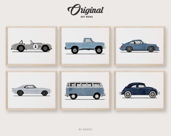 Set of 6 Blue Vintage Vehicle Prints, Boys Room Decor, Vintage Vehicles, Original Retro Car Art, Transportation Watercolor Themed
