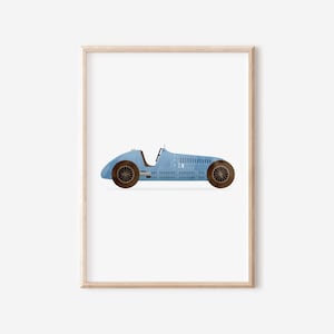 Blauer Vintage Rennauto-Druck, Jungenzimmer Dekor, Vintage Kinderzimmer-Wandkunst, Original Retro Auto-Kunst, blaue Transport-Kinderzimmer-Dekoration