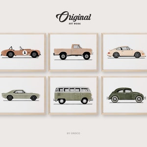 Set of 6 Boho Vintage Vehicle Prints, Boys Room Decor, Vintage Vehicles, Original Retro Car Art, Transportation Watercolor Themed