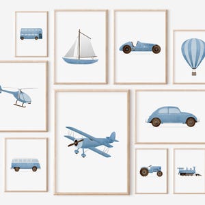 Blue Vintage Transportation Prints, Boys Room Decor, Vintage Nursery Wall Art, Original Retro Car Art, Blue Transportation Nursery Decor