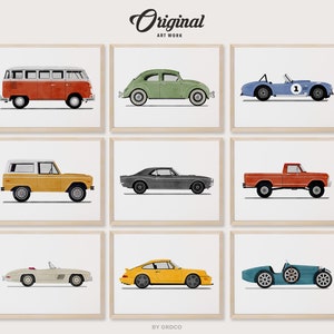 May include: A collection of nine framed art prints featuring side-profile illustrations of various classic automobiles, including a red van, green beetle, blue race car, yellow SUV, gray coupe, orange pickup truck, white roadster, yellow sports car, and blue vintage car.