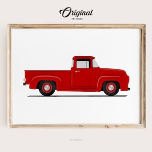 Red Vintage Truck Print, Boys Room Decor, Vintage Vehicle Collection, Original Retro Car Art, Transportation Watercolor Themed Art