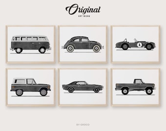 Lot de 6 impressions de véhicules vintage noirs, décoration de chambre de garçons, collection de véhicules vintage, oeuvre d'art originale de voiture rétro, thème aquarelle de transport