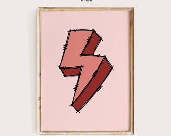 Arte minimalista con fulmine rosa per la cameretta dei bambini, decorazione da parete per la cameretta dei bambini, stampa artistica con fulmine, opera d'arte moderna per la cameretta dei bambini, arte da parete giocosa per la cameretta dei bambini