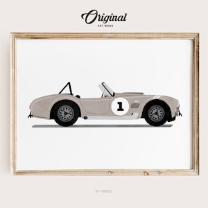 Taupe Beige Vintage Sports Car Print, Boys Room Decor, Vintage Vehicle Collection, Original Retro Car Art, Transportation Watercolor Themed