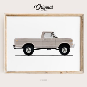 Taupe Beige Vintage Truck Print, Boys Room Decor, Vintage Vehicle Collection, Original Retro Car Art, Transportation Watercolor Themed Art