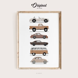 Beige Vintage Car Print, Boys Room Decor, Vintage Vehicle Collection, Original Retro Car Art, Transportation Watercolor Themed Art