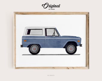 Pale Blue Vintage Truck Print, Boys Room Decor, Vintage Vehicle Collection, Original Retro Car Art, Transportation Watercolor Themed Art
