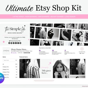 May include: A white Etsy shop homepage template with a black and white photo collage, a shop name, and a section for featured items. The text "The Simple Life" is in a black script font with the words "BOHO HOME DECOR" below it. The text "Shop Name Here..." is in a black sans-serif font with a star rating and the text "Star Seller" below it. The text "Title goes here..." is in a black sans-serif font. The text "Edit with Canva" is in a white circle with a blue border.