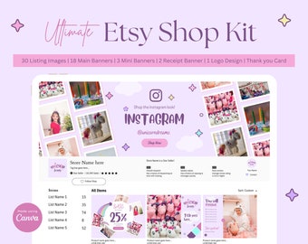 Etsy Shop Banner Kit, Etsy Canva Banners, Etsy Store Listing Images, Unicorn dreams Branding, Canva Designs, Etsy Small business, Pink theme
