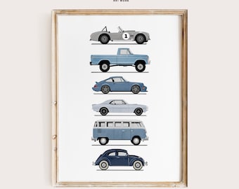 Blue Vintage Car Print, Boys Room Decor, Vintage Vehicle Collection, Original Retro Car Art, Transportation Watercolor Themed Art