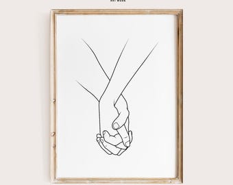 ミニマリストのカップルの手の線画、室内装飾、ミニマリストの線画プリント、カップルのプリント、ロマンチックなアートワーク、ラブライフウォールアート