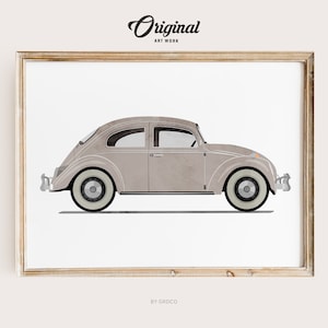 Taupe Beige Vintage Car Print, Boys Room Decor, Vintage Vehicle Collection, Original Retro Car Art, Transportation Watercolor Themed Art