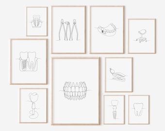 以下が含まれることがあります： 歯科用具と機器の白黒線画9点セット。歯科用チェア、ペンチ、歯科用インプラントを埋め込んだ歯、義歯などが含まれています。