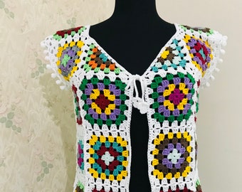 Women’s vest ,Granny square vest, handmade,waistcoat, shimmery shimmer vest, hippie style ,  square patchwork cardigan ,design knit  pattern