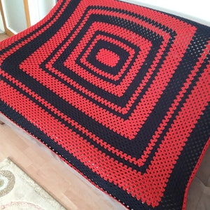 Red Granny Square Crochet Blanket - Handmade Afghan