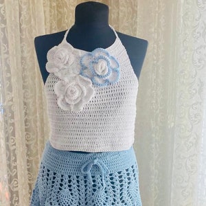 valentine gift ,Knit beach top&skirt, crochet top and skirt, blue knit skirt, handmade design skirt, cotton summer skirt,blue pattern skirt
