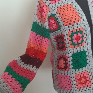 Crochet Green Women&#39;s Cardigan, Boho Cardigan, Cropped Jacket, Knitted Sweater, Patchwork Cardigan, Granny Square pink Jacket, Gift for her