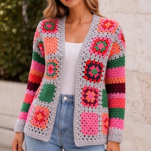 Cárdigan de ganchillo estilo abuela con cuadrados: Chaqueta corta de patchwork estilo boho