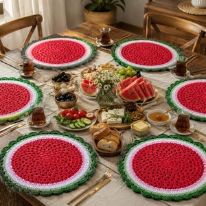 Handmade Watermelon Crochet Round Placemats – Summer Cotton Dining Set