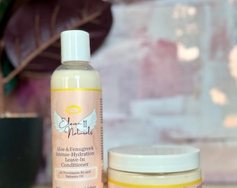 May include: Two bottles of Eleven 11 Naturals hair care products. The bottle on the left is a leave-in conditioner with aloe and fenugreek. The bottle on the right is a moisturizing conditioner with aloe and fenugreek. Both bottles are white with yellow text and a pink background.