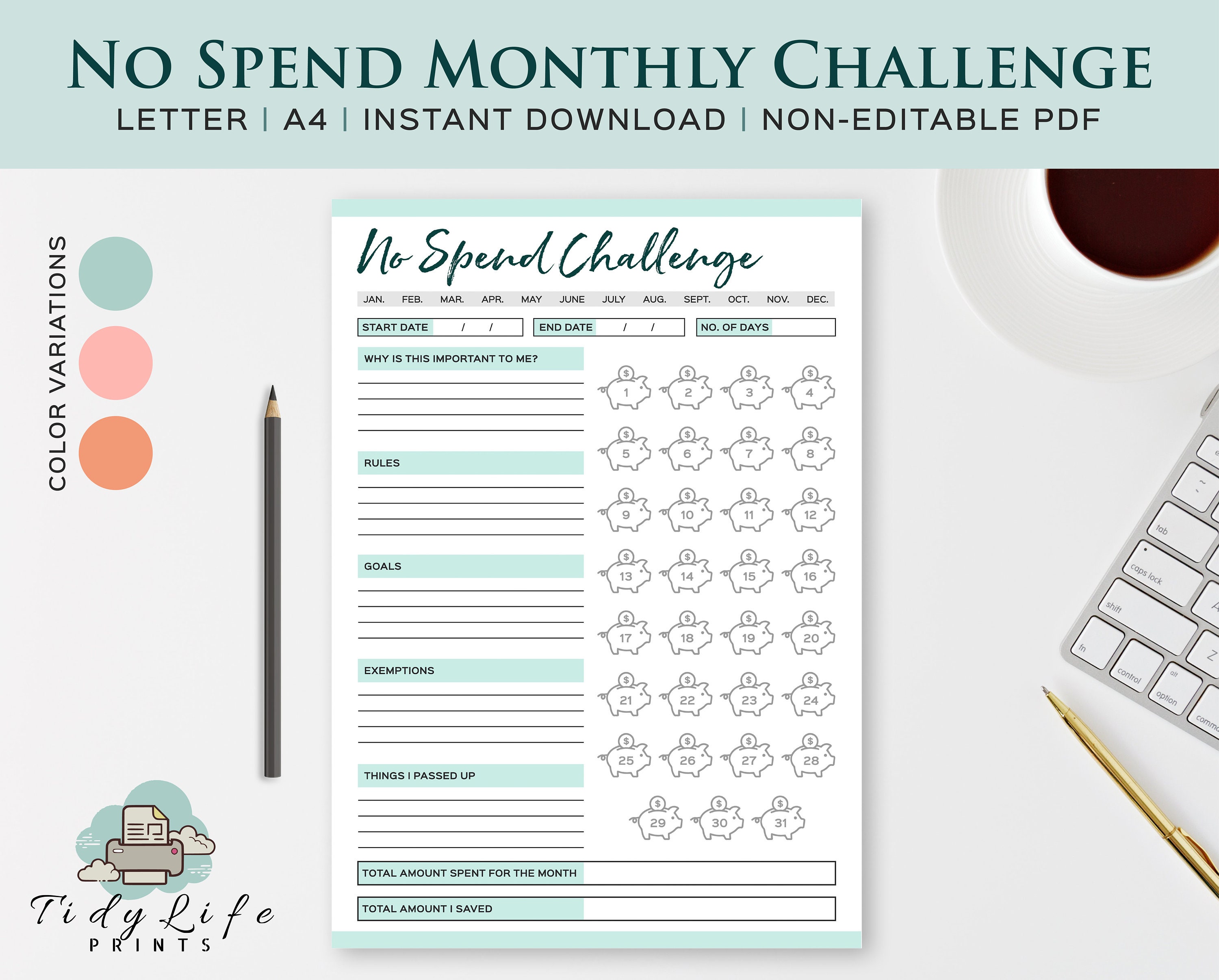 NO SPEND CHALLENGE Printable Planner Monthly Tracker Etsy