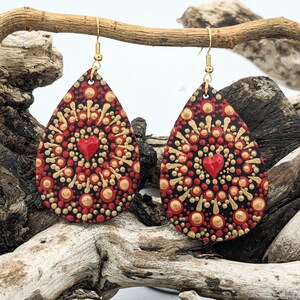 Beautiful Handpainted Heart Dot Mandala Earrings; One-of-a-Kind Earrings; Lightweight Earrings; Small Earrings; Dangle Earrings