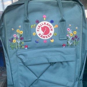 kanken backpack embroidered with flowers and mushrooms/ Custom hand embroidered Fjallraven Kanken backpack with flowers and mushrooms
