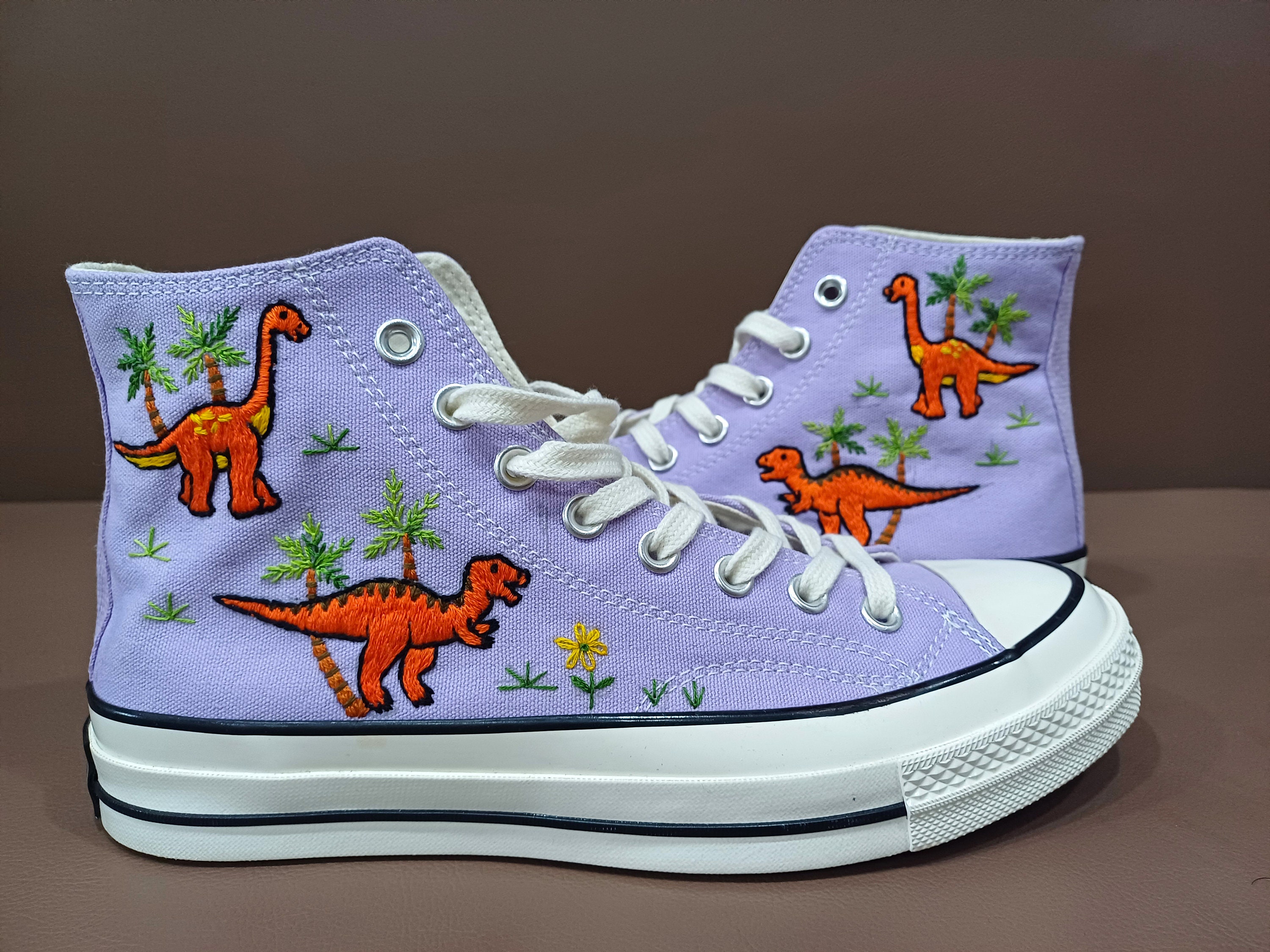 Converse Chuck Taylor Shoes Embroidered with dinosaurs Converse Shoes Embroidered with Dinosaur Designs Dinosaur Embroidery Design