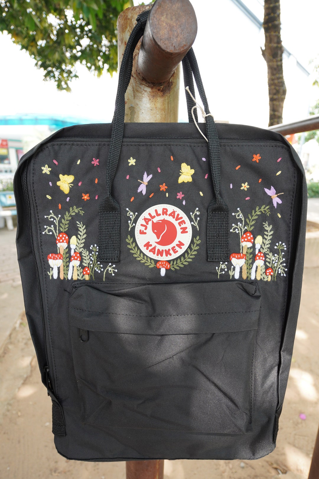 Hand Embroidery on Fjallraven Kanken Backpack With Mushrooms